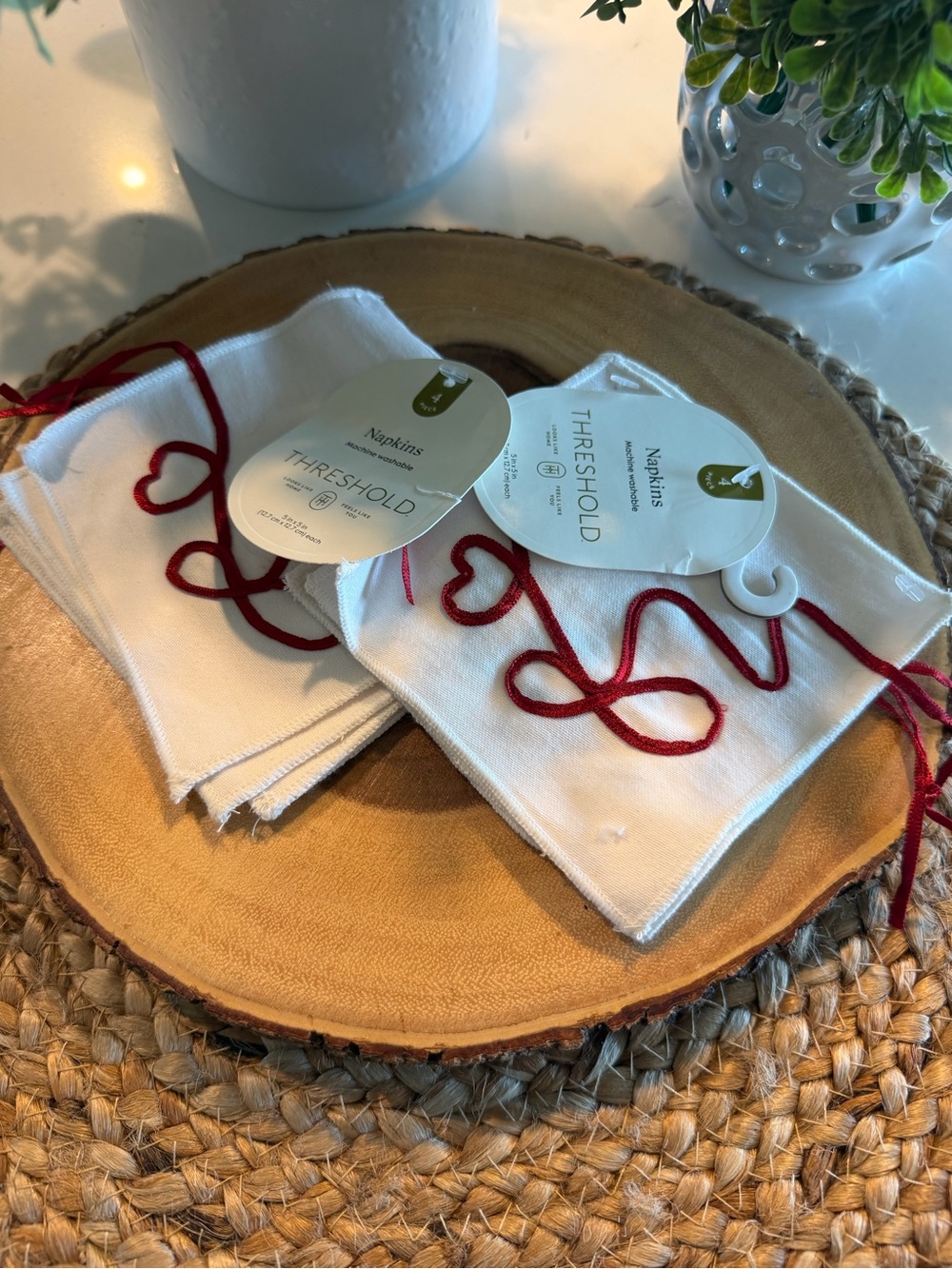 Threshold White Cream Cotton Cocktail Napkins Ribbon Love  - (2) Set of 4